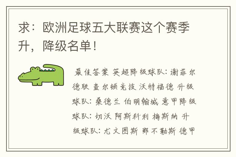 求:欧洲足球五大联赛这个赛季升,降级名单!