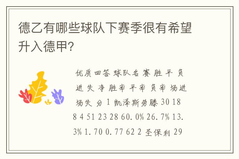 德乙有哪些球队下赛季很有希望升入德甲?