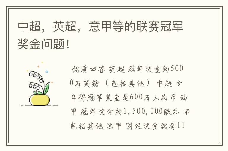 中超,英超,意甲等的联赛冠军奖金问题!