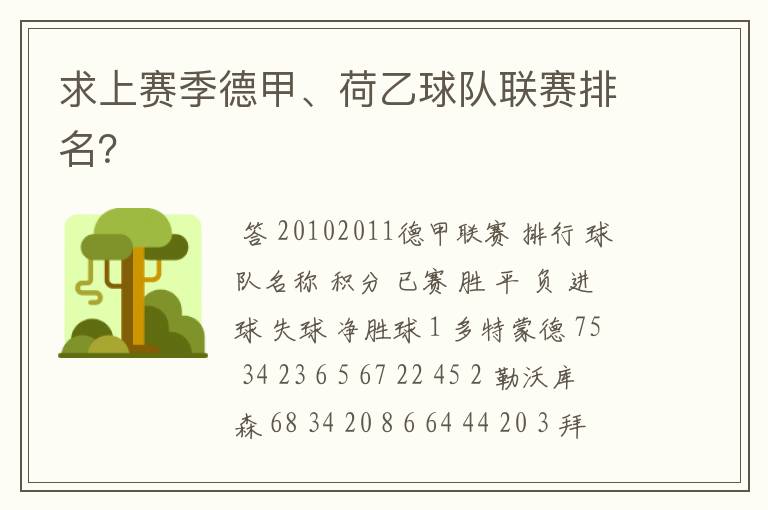 求上赛季德甲、荷乙球队联赛排名?