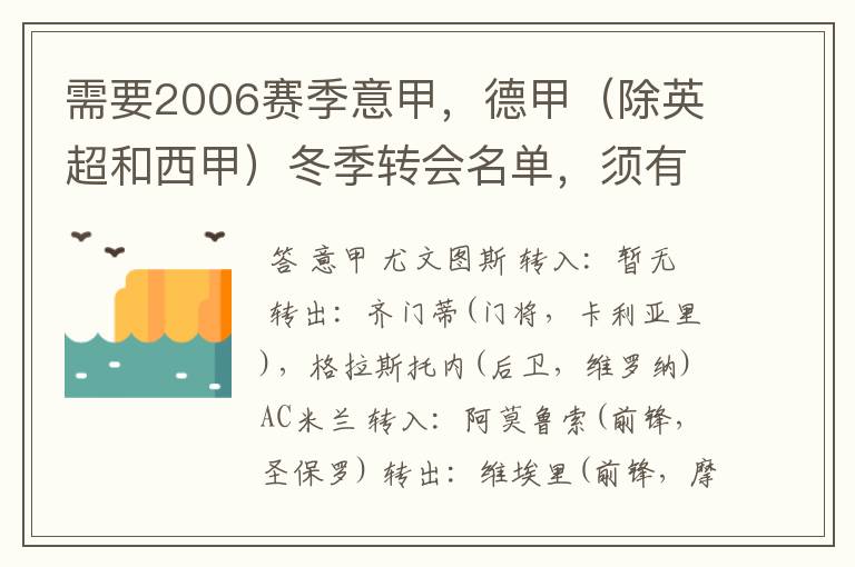 需要2006赛季意甲,德甲(除英超和西甲)冬季转会名单,须有转会方式