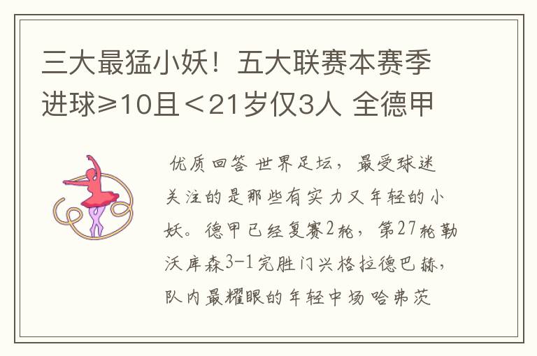 三大最猛小妖!五大联赛本赛季进球≥10且<21岁仅3人 全德甲制造