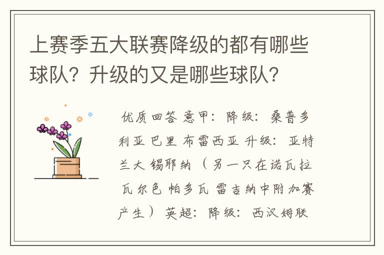 上赛季五大联赛降级的都有哪些球队?升级的又是哪些球队?
