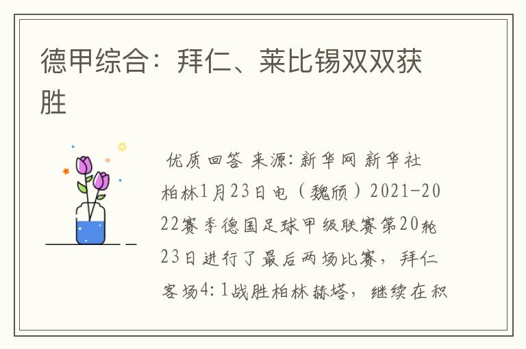 德甲综合:拜仁、莱比锡双双获胜