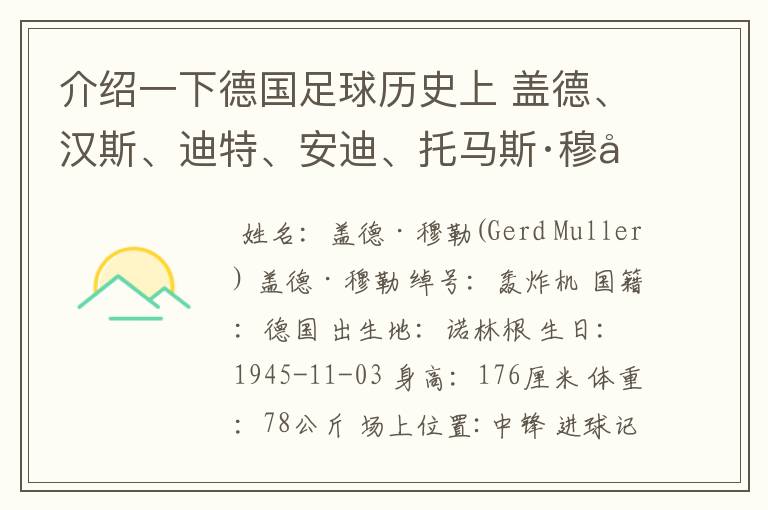 介绍一下德国足球历史上 盖德、汉斯、迪特、安迪、托马斯·穆勒的资料?