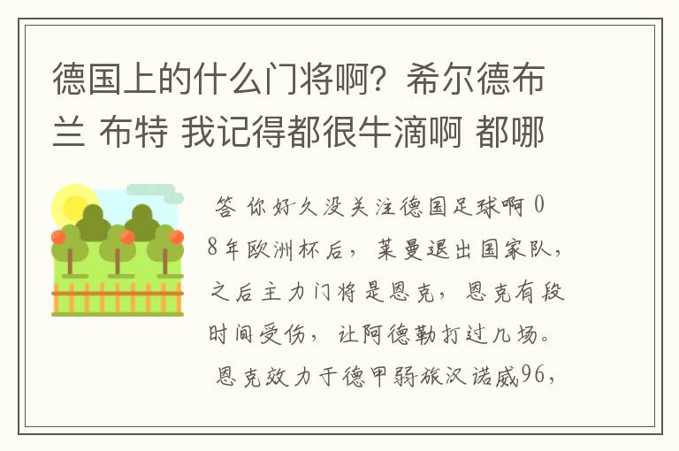 德国上的什么门将啊?希尔德布兰 布特 我记得都很牛滴啊 都哪儿去了?