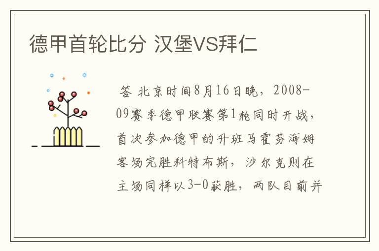 德甲首轮比分 汉堡VS拜仁