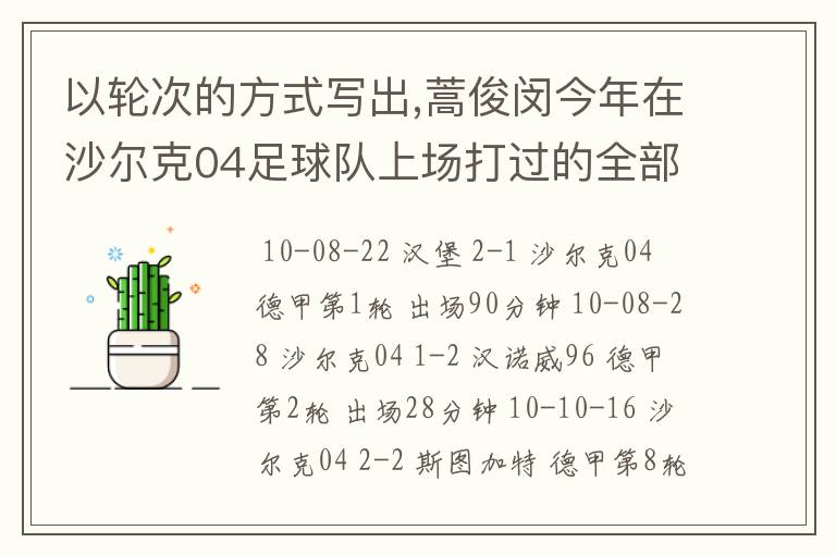 以轮次的方式写出,蒿俊闵今年在沙尔克04足球队上场打过的全部德甲比赛