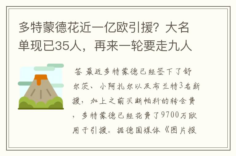 多特蒙德花近一亿欧引援?大名单现已35人,再来一轮要走九人