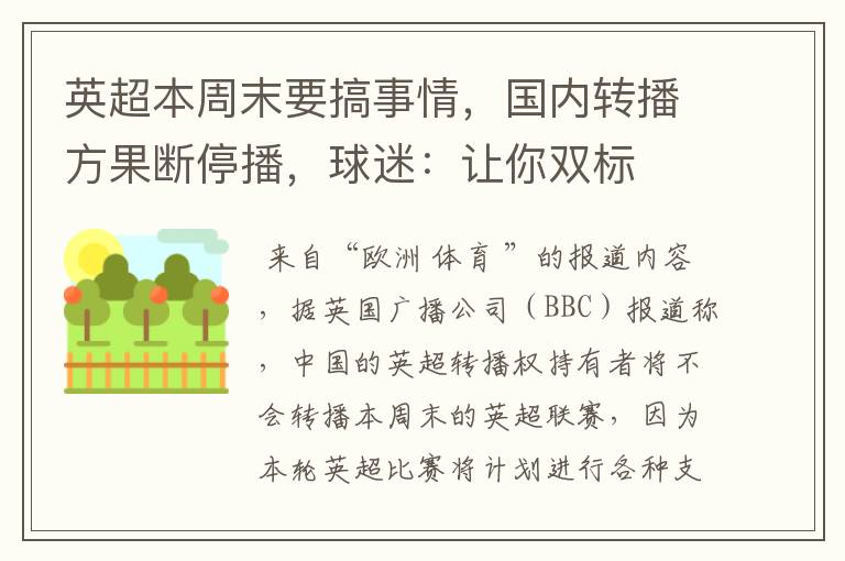 英超本周末要搞事情,国内转播方果断停播,球迷:让你双标
