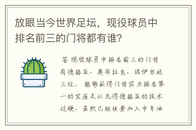 放眼当今世界足坛,现役球员中排名前三的门将都有谁?