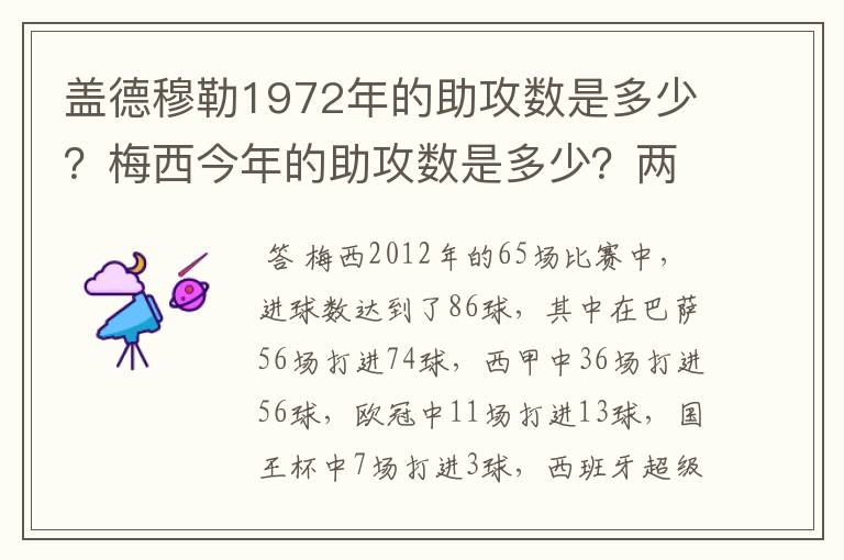 盖德穆勒1972年的助攻数是多少?梅西今年的助攻数是多少?两人分别当年踢了多少场比赛?