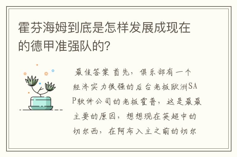 霍芬海姆到底是怎样发展成现在的德甲准强队的?