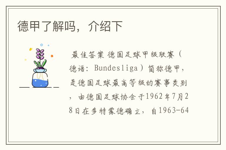 德甲了解吗,介绍下