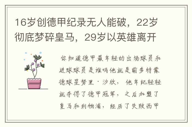 16岁创德甲纪录无人能破,22岁彻底梦碎皇马,29岁以英雄离开多特