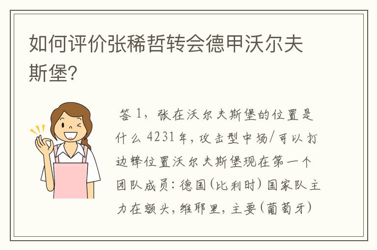 如何评价张稀哲转会德甲沃尔夫斯堡?