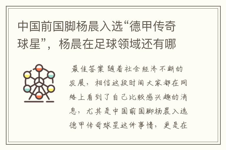 中国前国脚杨晨入选“德甲传奇球星”,杨晨在足球领域还有哪些成就?