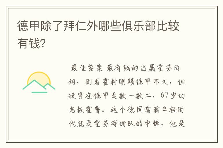 德甲除了拜仁外哪些俱乐部比较有钱?