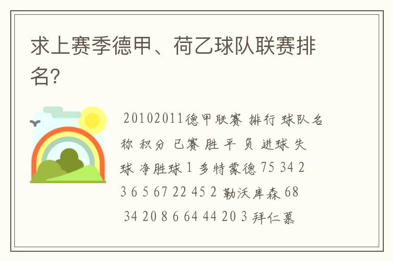 求上赛季德甲、荷乙球队联赛排名?