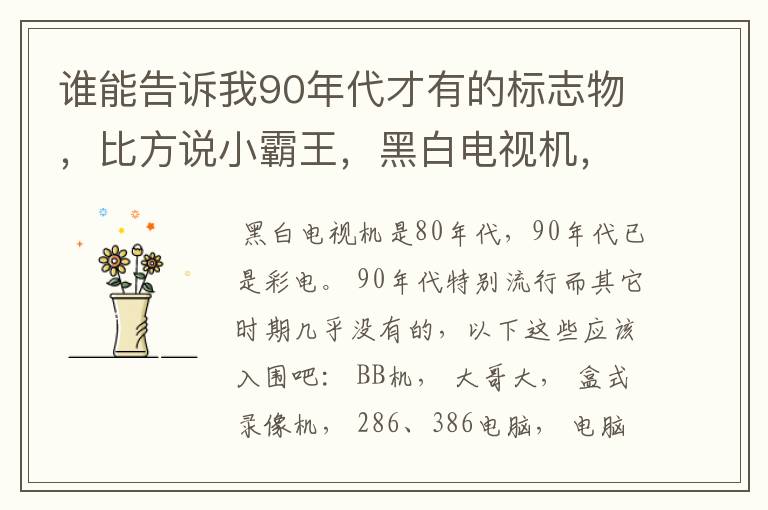 谁能告诉我90年代才有的标志物,比方说小霸王,黑白电视机,然后还有什么