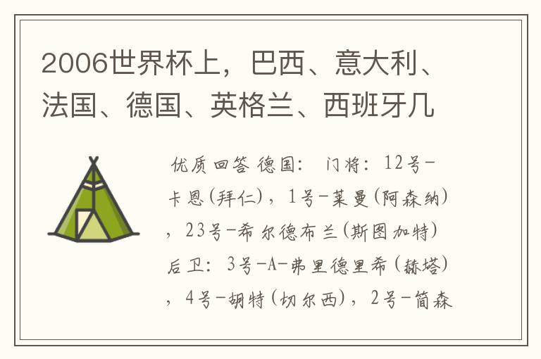 2006世界杯上,巴西、意大利、法国、德国、英格兰、西班牙几支队的首发11人球员中英文名单。