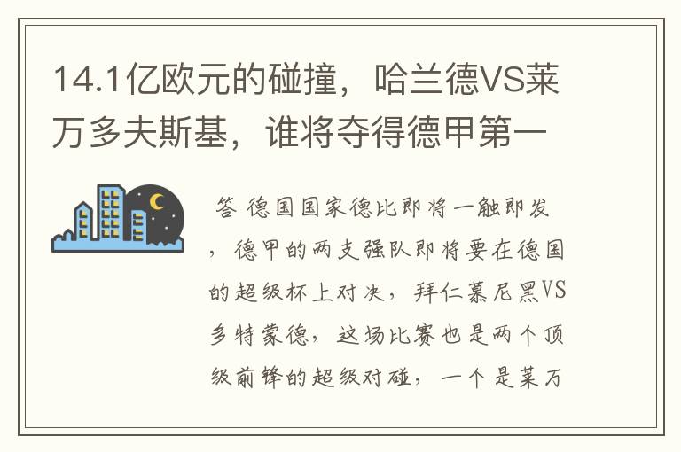 14.1亿欧元的碰撞,哈兰德VS莱万多夫斯基,谁将夺得德甲第一冠