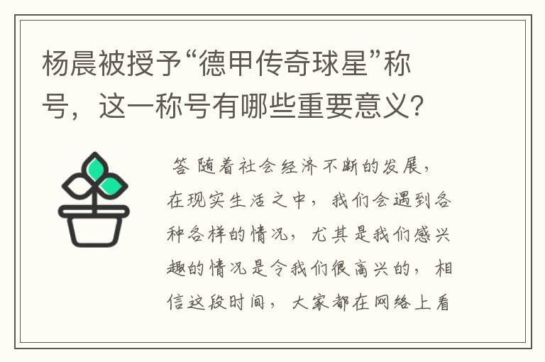 杨晨被授予“德甲传奇球星”称号,这一称号有哪些重要意义?