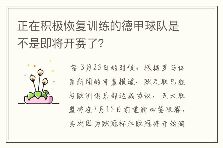 正在积极恢复训练的德甲球队是不是即将开赛了?