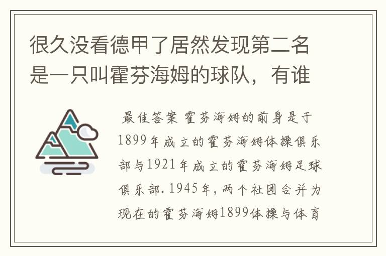 很久没看德甲了居然发现第二名是一只叫霍芬海姆的球队,有谁知道吗