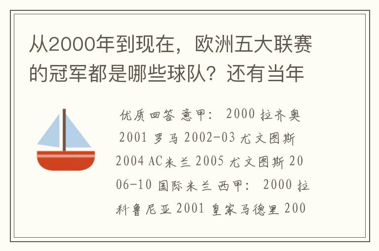 从2000年到现在,欧洲五大联赛的冠军都是哪些球队?还有当年的欧冠冠军。