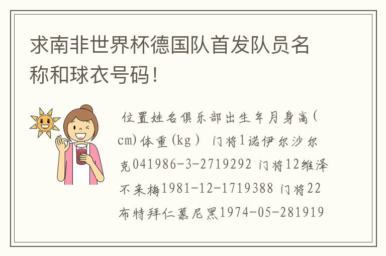 求南非世界杯德国队首发队员名称和球衣号码!
