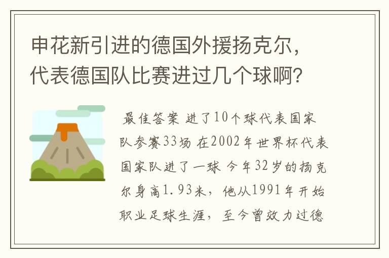 申花新引进的德国外援扬克尔,代表德国队比赛进过几个球啊?在韩日世界杯上有过进球吗?