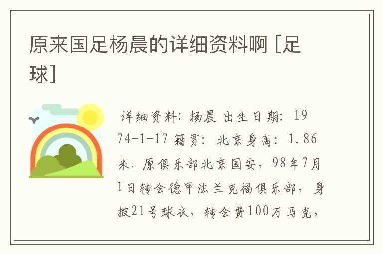 原来国足杨晨的详细资料啊 [足球]