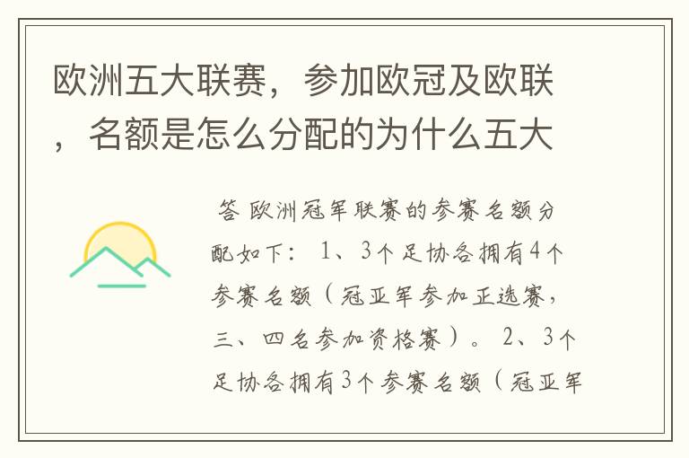 欧洲五大联赛,参加欧冠及欧联,名额是怎么分配的为什么五大联赛只有法甲