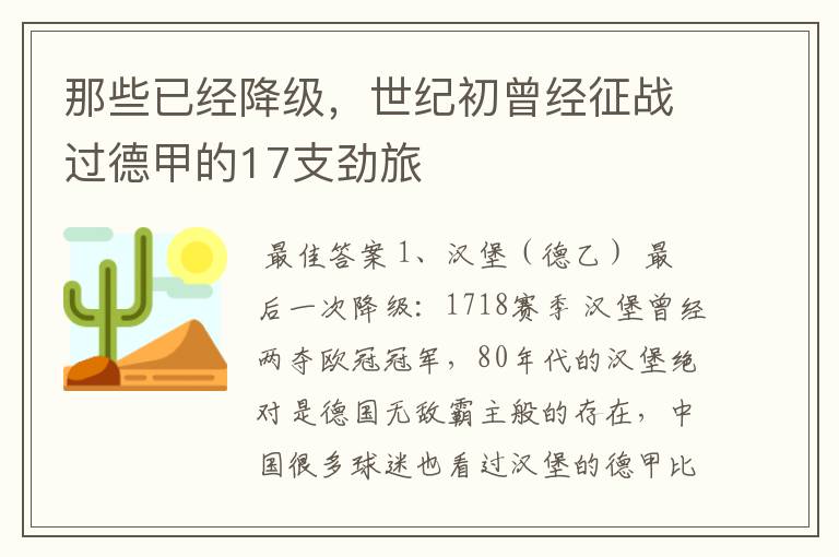 那些已经降级,世纪初曾经征战过德甲的17支劲旅
