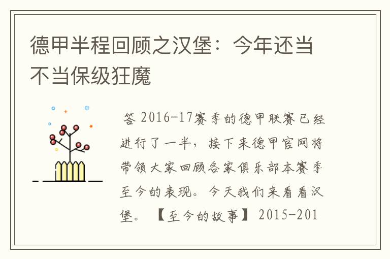 德甲半程回顾之汉堡:今年还当不当保级狂魔