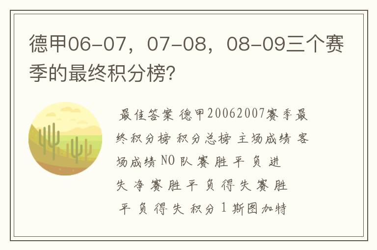 德甲06-07,07-08,08-09三个赛季的最终积分榜?