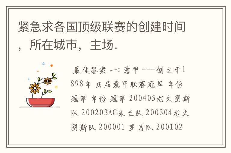 紧急求各国顶级联赛的创建时间,所在城市,主场.