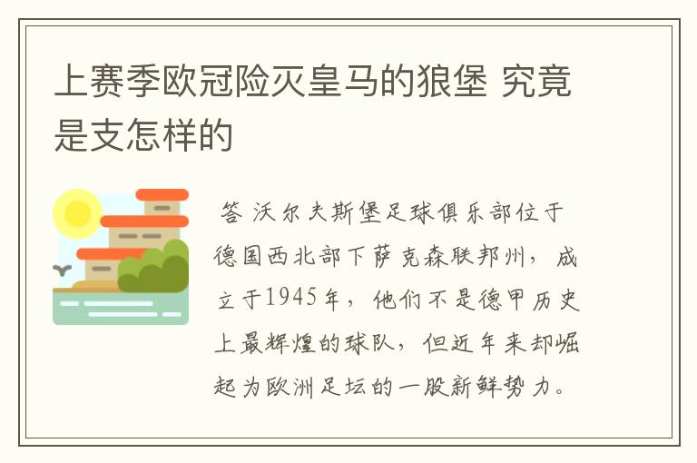 上赛季欧冠险灭皇马的狼堡 究竟是支怎样的