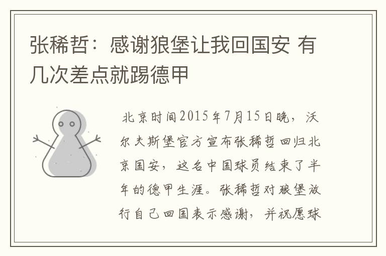 张稀哲:感谢狼堡让我回国安 有几次差点就踢德甲