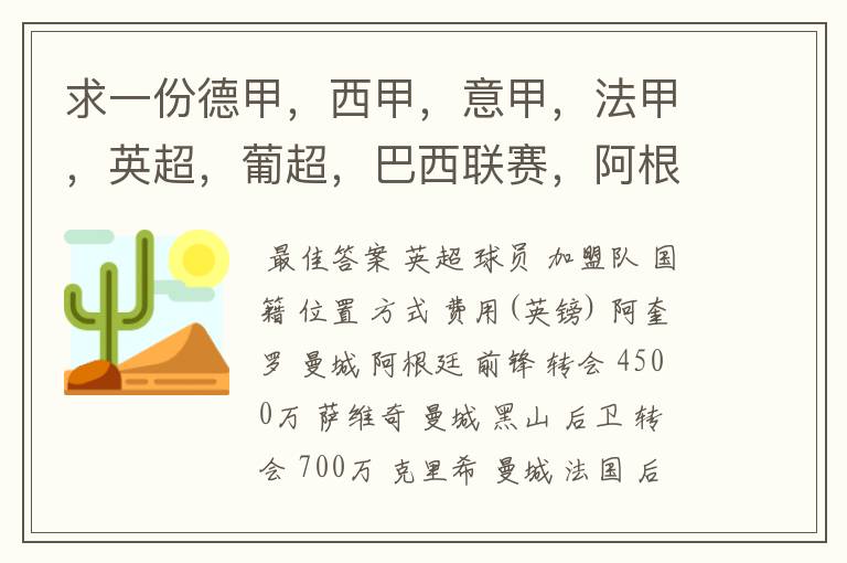 求一份德甲,西甲,意甲,法甲,英超,葡超,巴西联赛,阿根廷联赛2011年夏季转会名单
