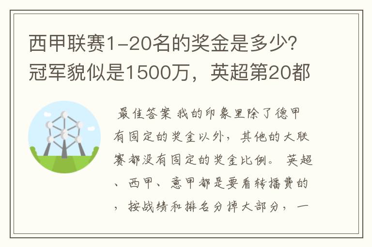 西甲联赛1-20名的奖金是多少?冠军貌似是1500万,英超第20都是4000万呀!