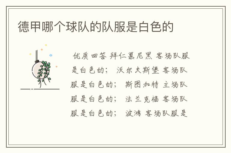 德甲哪个球队的队服是白色的