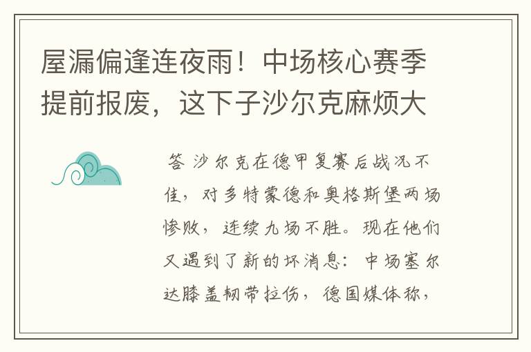 屋漏偏逢连夜雨!中场核心赛季提前报废,这下子沙尔克麻烦大了