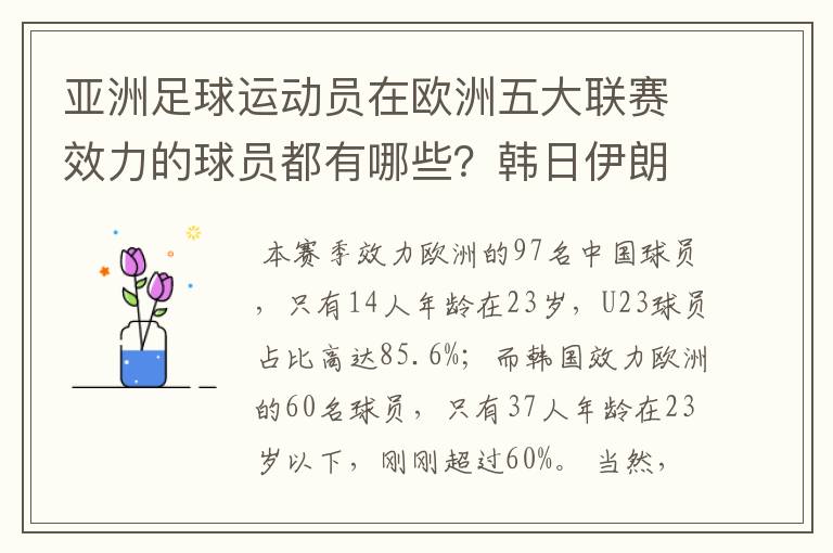亚洲足球运动员在欧洲五大联赛效力的球员都有哪些?韩日伊朗 都是比较多吧!