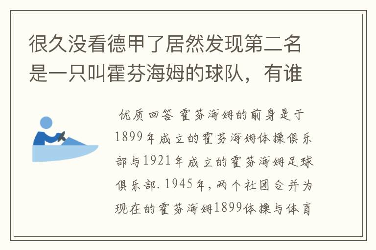 很久没看德甲了居然发现第二名是一只叫霍芬海姆的球队,有谁知道吗