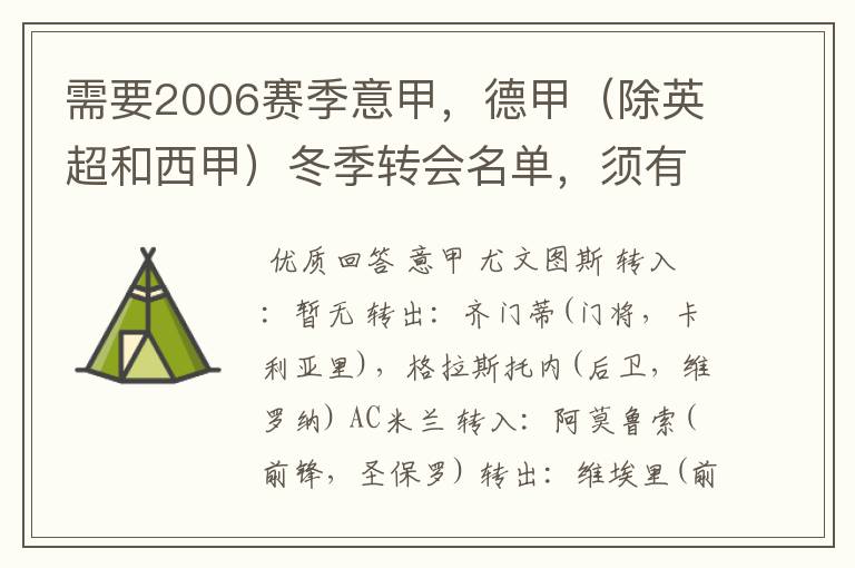 需要2006赛季意甲,德甲(除英超和西甲)冬季转会名单,须有转会方式