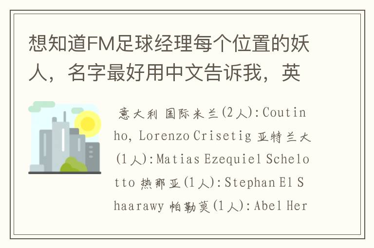 想知道FM足球经理每个位置的妖人,名字最好用中文告诉我,英文也行