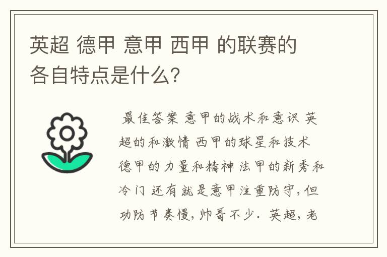 英超 德甲 意甲 西甲 的联赛的各自特点是什么?