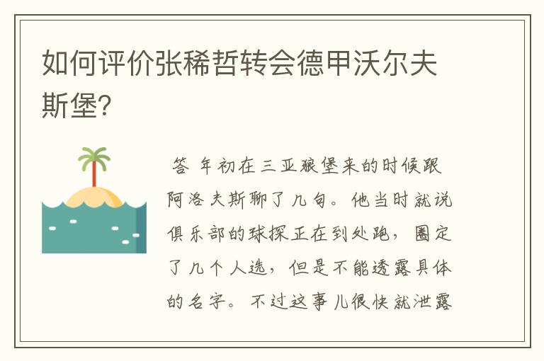 如何评价张稀哲转会德甲沃尔夫斯堡?